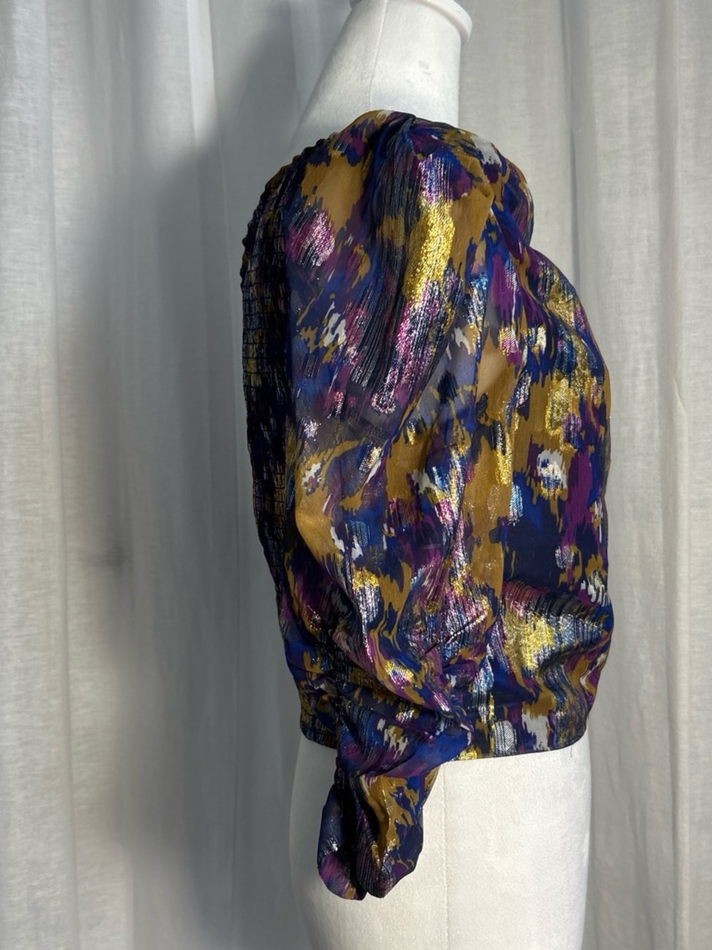 Flashy One-Shoulder Metallic Abstract Print Crop Top - Navy, Gold, Purple - Picture 6 of 6